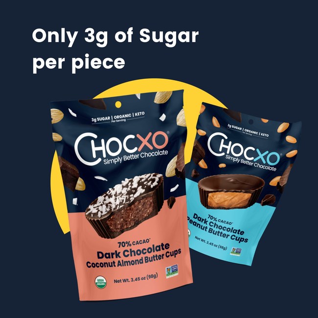 ChocXo's new Coconut Almond Butter Cups and Dark Chocolate Peanut Butter Cups are made of simple organic ingredients and are low in real organic sugar
