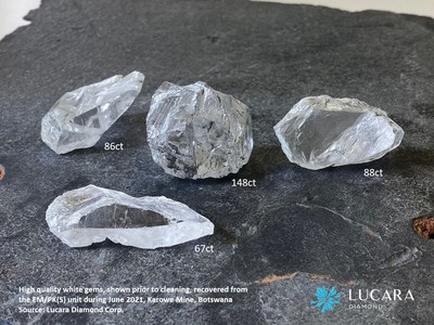 High quality white gems, shown prior to cleaning, recovered from the EM/PK(S) unit during June 2021, Karowe Mine, Botswana Source: Lucara Diamond Corp. (CNW Group/Lucara Diamond Corp.)