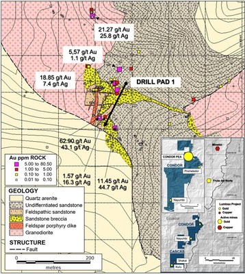 Figure 1. Location of initial drill hole with surface geology and rock chip sample results. (CNW Group/Luminex Resources Corp.)