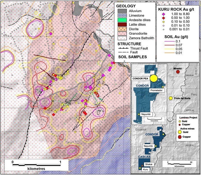 Figure 3. Contoured soil sample and rock chip gold results overlain on mapped geology to date. (CNW Group/Luminex Resources Corp.)