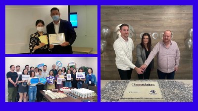 GEODIS in Hong Kong (top left), Mainland China (bottom left) and Australia (right) celebrating Investors in People (IIP) accreditation.