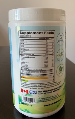 Poudre Candies BCAA Yummy Sports, saveur de ziclone (dos) (Groupe CNW/Santé Canada)