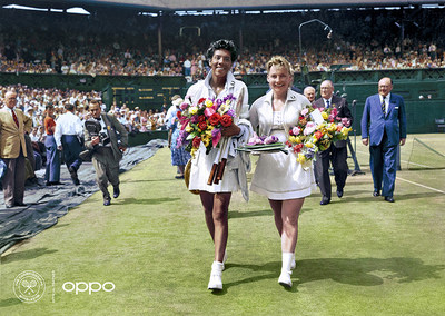 Althea Gibson (Photo: AELTC) 
The first African American woman to win Wimbledon, Althea Gibson is pictured in full colour, leaving the court with her compatriot Darlene Hard after a hard-fought battle. Using one billion colours, the image, originally in black and white, brings new life to a true icon and leader, who never accepted no as an answer in life and was constantly striving to show she deserved her place on the court, regardless of her skin tone. 
 
The image is one of seven in OPPO's Courting the Colour campaign, launched today to celebrate the return of Wimbledon.  https://events.oppo.com/en/oppo-and-tennis/#awakencolour
