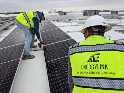 A snapshot of the EnergyLink team installing a utility scale solar array at MidwayUSA, one of many large commercial energy projects EnergyLink has become a part of in 2021.