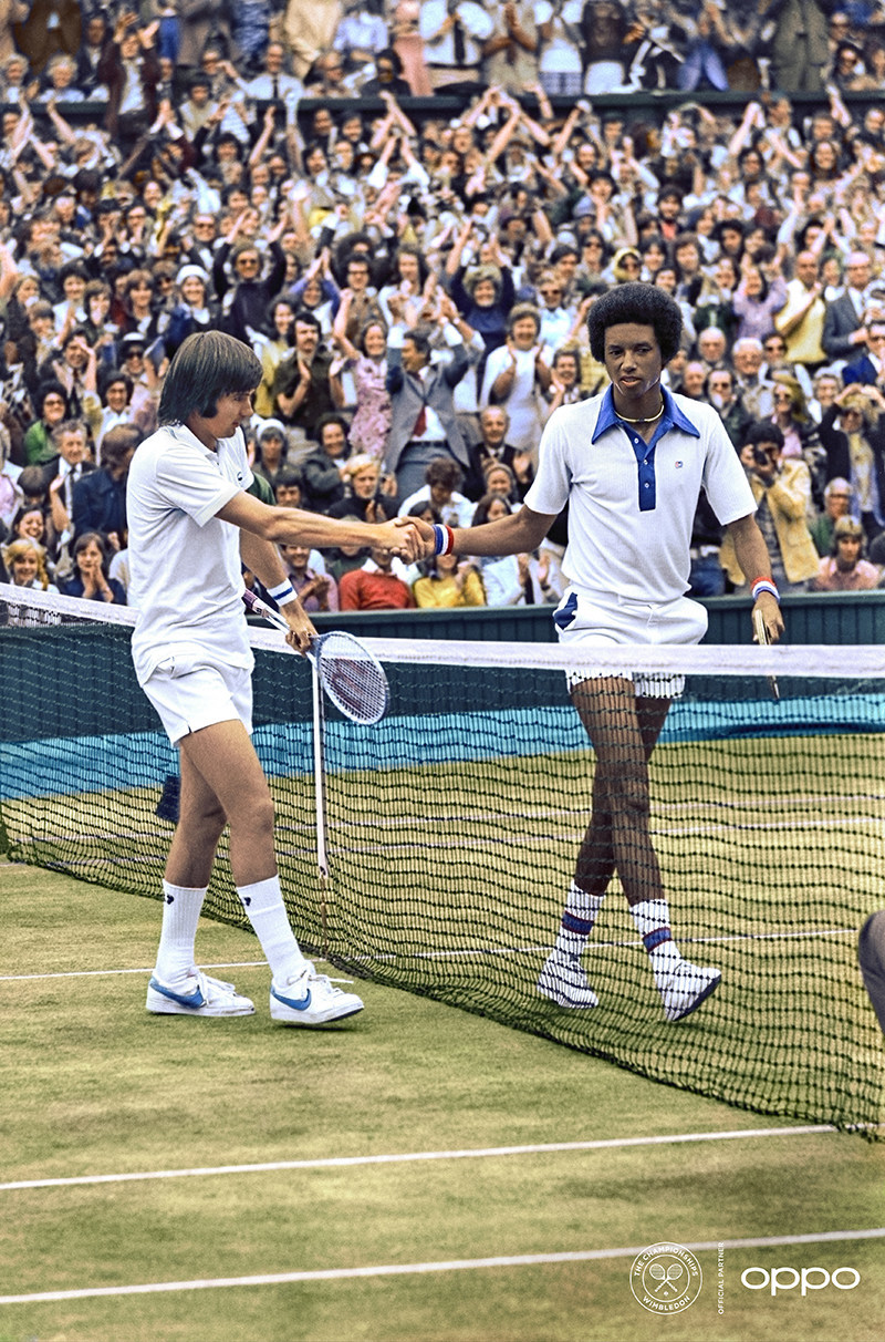 Arthur Ashe, Jimmy Connors (Photo: Keystone/Getty Images) 
The first African American man to win Wimbledon, Arthur Ashe is pictured in 1975 alongside compatriot Jimmy Connors in full colour. Using one billion colours, the image, originally in black and white, brings new life to the relentless resilience Arthur showed in the face of the societal injustices of his time.  

One of seven images in OPPO’s Courting the Colour campaign, launched today to celebrate the return of Wimbledon. The collection restores the emotion of iconic moments from tennis history, bringing the excitement and passion back to the sport. View here: https://events.oppo.com/en/oppo-and-tennis/#awakencolour