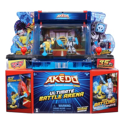 The Ultimate Battle Arena brings the world of Moose Toys’ new Akedo  ̶  Ultimate Arcade Warriors to life. This arcade inspired electronic arena is where the Akedo warriors can test their skill in ultimate battles. The playset comes with its own theme song and includes two deluxe controllers, two interchangeable backdrops, two exclusive Legendary warrior figures, a detachable training punching bag accessory for practice between battles, and over 35 sound effects to add excitement and humor.