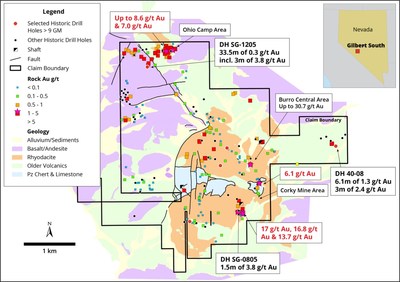 Figure 2 - Plan map of the Gilbert South Property showing geology, drill hole locations and gold in rock sample results. (CNW Group/Eminent Gold Corp.)