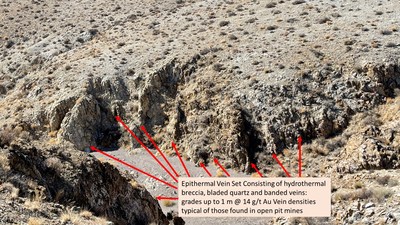 Figure 3 - Photo from the Corky Mine area showing the predominance of epithermal vein sets. The veins are more resistant than the volcanic rock and thus define prominent ridges. (CNW Group/Eminent Gold Corp.)