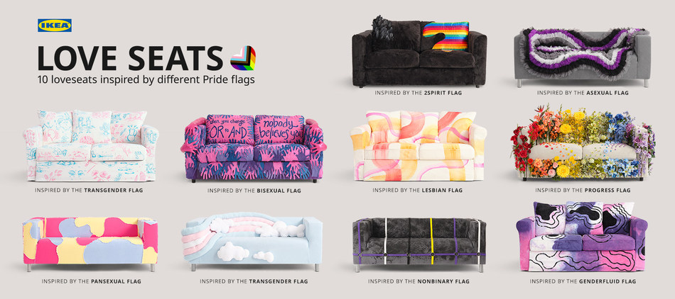 IKEA Love Seats inspired by the colours of different Pride flags (CNW Group/IKEA Canada)