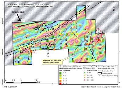 Figure 1: Gold Grain Counts from the McClure East Property from the till sample collected just above the Bedrock (basal till sample). Red circles show 3 holes with high basal till sample counts and a high proportion of pristine grains.(CBDZ -Casa Berardi deformation zone, south splay) (CNW Group/Orford Mining Corporation)