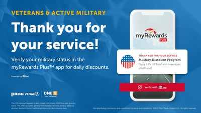 In appreciation of veterans and military, Pilot Company is providing a 10% discount on food and beverages at participating Pilot Flying J and One9 Fuel Network locations to the military community once verified through ID.me in the myRewards Plus app, beginning June 28, 2021.