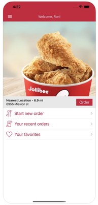Jollibee Ordering App. The platform features the full menu, and options for pick-up and delivery.