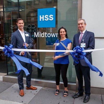 Justin Oppenheimer, Enterprise Chief Operating Officer & Chief Strategy Officer, Lauren Tanenbaum, Vice President, Regional Markets, and Joel M. Press, MD, Physiatrist-in-Chief, attend the ribbon cutting for the grand opening of HSS Midtown today.