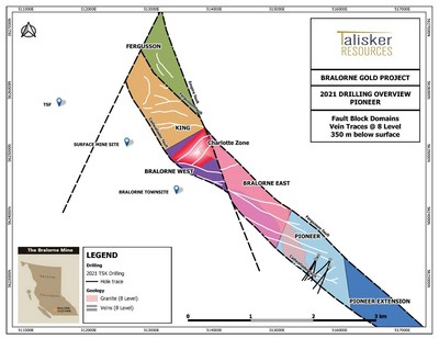 Figure 1: Overview map showing seven zones that comprise the Bralorne Gold Project, the Charlotte Zone, drill holes included in this press release, major gold-bearing quartz veins (white) and associated bounding fault structures. (CNW Group/Talisker Resources Ltd)