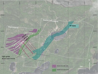 Figure 2:  Plan of Rivard holes (white) reported in this press release overlying geology with projected gold bearing veins (NW/SE) in red. NT Zone in blue running NE/SW on the Newman Todd property. (CNW Group/Trillium Gold Mines Inc.)