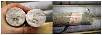 Figure 1:  Visible Gold in RV21-29 at 13.01m downhole (CNW Group/Trillium Gold Mines Inc.)