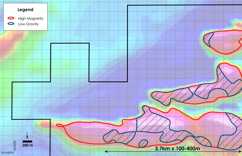 Figures 2 - plan view of Nesbitt Property showing Reported– Outline of Gravity Low and Magnetic High geophysics anomaly overlain on total field magnetic intensity, Nesbitt Township, Ontario (CNW Group/Canada Nickel Company Inc.)
