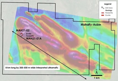 Figure 4 – Plan view of Mahaffy-Aubin Property – Current drilling overlain on total field magnetic intensity, Mahaffy and Aubin Townships, Ontario. (CNW Group/Canada Nickel Company Inc.)