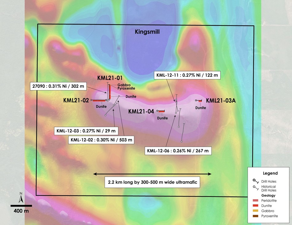 Figure 5 – Plan view of Kingsmill Property – Current and historical drilling overlain on total field magnetic intensity, Kingsmill Township, Ontario. (CNW Group/Canada Nickel Company Inc.)