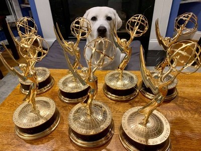 Ace, PenFed Digital team member and future America's VetDogs service dog, proudly displays the team's Emmy Awards earned for a docuseries highlighting a promising treatment for PTSD.