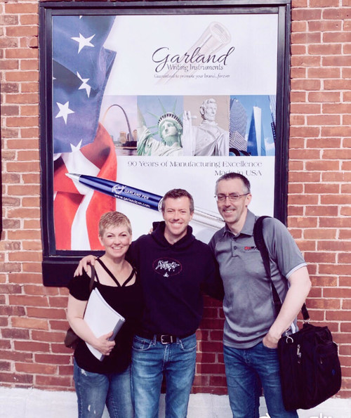 Colleen Shea, Greg Shea and Matt Shea from Pen Company of America in front of newly acquired Garland Writing Instruments