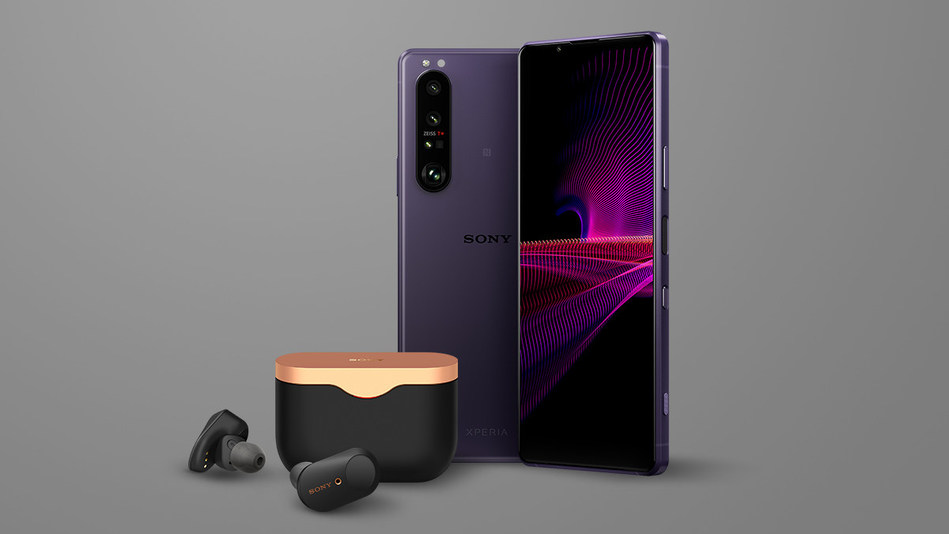 Sony Xperia 1 III smartphone (Frosted Purple shown) with WF-1000XM3 wireless noise cancelling earbuds