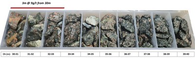 Figure 1. Reverse circulation drill chips of high-grade gold mineralization in OERC-89 (3m at 9 g/t Au from 30m downhole). (CNW Group/Awale Resources)