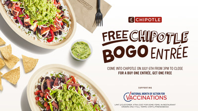 In support of the White House's ongoing initiative to get more Americans vaccinated this summer, Chipotle is offering offer buy-one, get-one free entrees in-restaurant on Tuesday, July 6 from 3pm to close at participating U.S. locations.