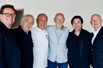 Nobu Hospitality leadership team: From left to right: Struan McKenzie, Robert De Niro, Chef Nobu Matsuhisa, Meir Teper, Hiro Tahara, and Trevor Horwell