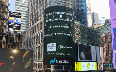 Old Second National Bank recognized as #1 Bank in IL by Forbes on the Nasdaq Tower in New York on June 29, 2021.