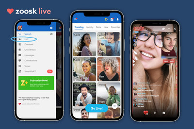 Screenshots from Zoosk Live!, a livestreaming feature launched this week on the Zoosk dating app via a partnership with the ParshipMeet Group.