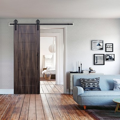 The new 3D laminated barn doors feature 19 different textures and colors. Mimosa Wood Grain Pictured.