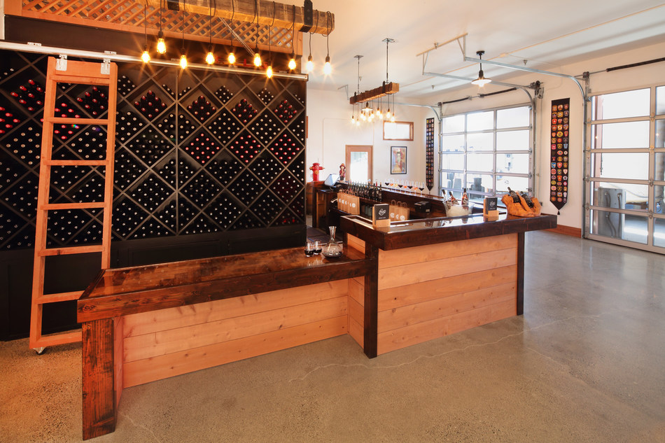 The Hook & Ladder tasting room features two redwood bars and custom ladder.