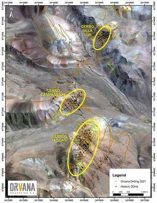 Figure 1: Location map of Taguas, with the three resource estimation areas highlighted in yellow. (CNW Group/Orvana Minerals Corp.)