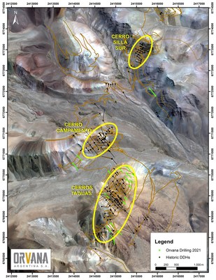 Figure 1: Location map of Taguas, with the three resource estimation areas highlighted in yellow.