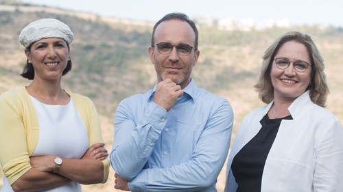 Aleph Farms’ leadership team. From left to right: Technion Professor Shulamit Levenberg, Co-Founder and Chief Scientific Adviser; Didier Toubia, Co-Founder and Chief Executive Officer; Dr. Neta Lavon, Chief Technology Officer and Vice President of R&D. Credit: Rami Shalosh (PRNewsfoto/Aleph Farms)