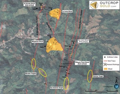 Map 1: Locations from north to south of discovered shoots:  El Dorado, La Ivana, Megapozo, San Juan, Roberto Tovar and the new San Antonio discovery. San Juan, Roberto Tovar and San Antonio may merge at depth into one continuous zone of mineralization over 1,200 metres long (CNW Group/Outcrop Gold Corp.)