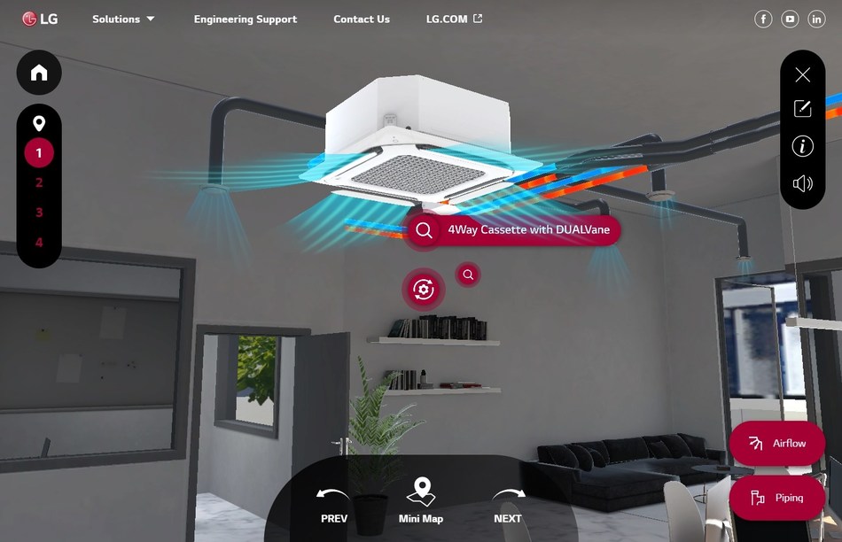 LG Virtual Experience showcasing 4-way Cassette with DUAL Vane in General Office Space