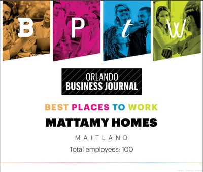 Mattamy Homes is pleased to announce that the company has been named one of Central Florida’s Best Places to Work by the Orlando Business Journal for 2021. (CNW Group/Mattamy Homes Limited)