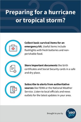 Quick tips to prepare for a hurricane or tropical storm: collect emergency supplies, secure important documents, and subscribe to official alerts.