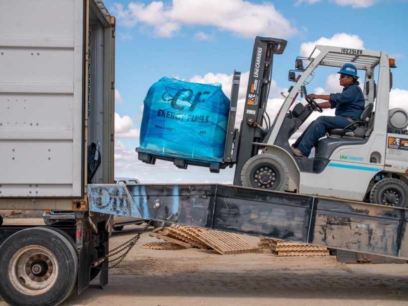 Rare Earth Carbonate processed by Energy Fuels at its White Mesa, Utah plant is loaded into a shipping container for transport to Neo Performance Materials' rare earth separations facility in Europe (Sillamae Estonia) (CNW Group/Energy Fuels Inc.)