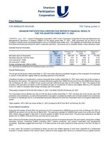 Uranium Participation Corporation Reports Financial Results for the Quarter Ended May 31, 2021 (CNW Group/Uranium Participation Corporation)