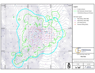 Figure 2 – Plan view of the Lemhi Project with drill collars, grade estimation boundaries and US$1,550/oz Au pit boundaries. (CNW Group/Freeman Gold Corp.)