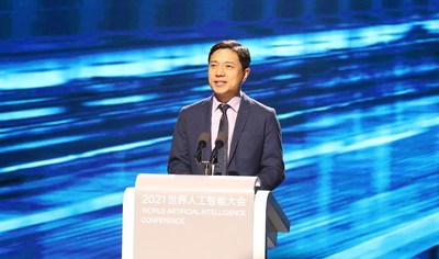 Baidu CEO Robin Li discusses the social value of AI during a keynote speech at the WAIC