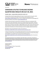 Canadian Utilities to Release Second Quarter 2021 Results on July 29, 2021