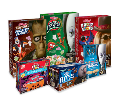 Embrace the kooky and spooky Halloween spirit at breakfast and snack time with limited-edition Kellogg's® Spooky Cereals, Kellogg’s® Froot Loops® Jumbo Snax, Pop-Tarts® Frosted Spooky Chocolatey Fudge Bites and Rice Krispies Treats® Original Big Bars featuring your favorite Addams Family characters like It, Lurch, Wednesday and more.