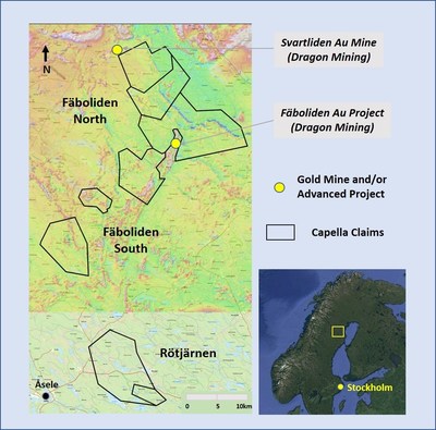 Figure 1. Location of the Southern Gold Line claims in northern Sweden, with the three key target areas (Fäboliden North, Fäboliden South, and Rötjärnen) indicated. (CNW Group/Capella Minerals Limited)
