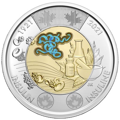 La version colore de la pice de circulation de 2 dollars de la Monnaie royale canadienne clbrant le 100e anniversaire de la dcouverte de l'insuline (Groupe CNW/Monnaie royale canadienne)