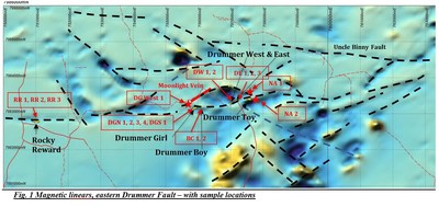 Fig. 1 Magnetic linears, eastern Drummer Fault - with sample locations (CNW Group/Essex Minerals Inc)