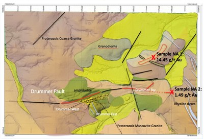 Fig. 2 Surface Geology around Drummer West, East Toy pits with surface rock samples (CNW Group/Essex Minerals Inc)